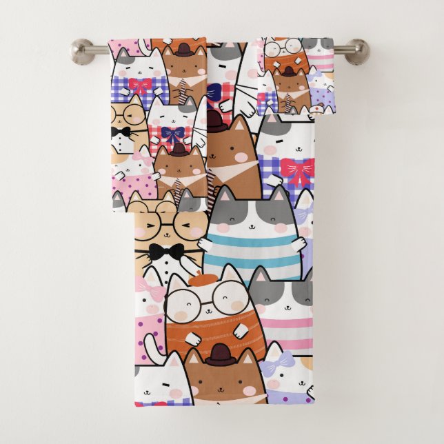 Niedliche und farbenfrohe Kawaii Cat Pattern Badhandtuch Set (Insitu)