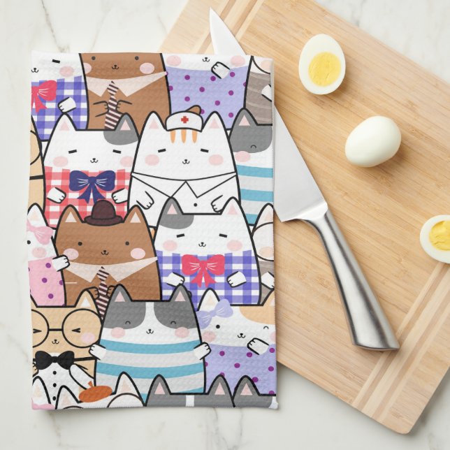 Niedliche und farbenfrohe Kawaii Cat Pattern Geschirrtuch (Viertel Falte)