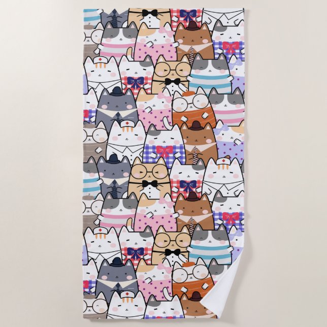 Niedliche und farbenfrohe Kawaii Cat Pattern Strandtuch (Vorderseite)