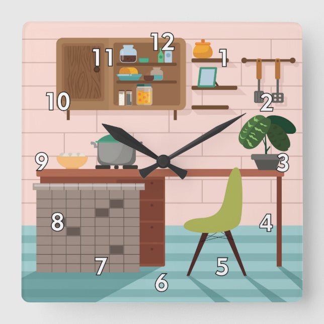 Niedliche und farbenfrohe Retro Küche Quadratische Wanduhr (Vorderseite)
