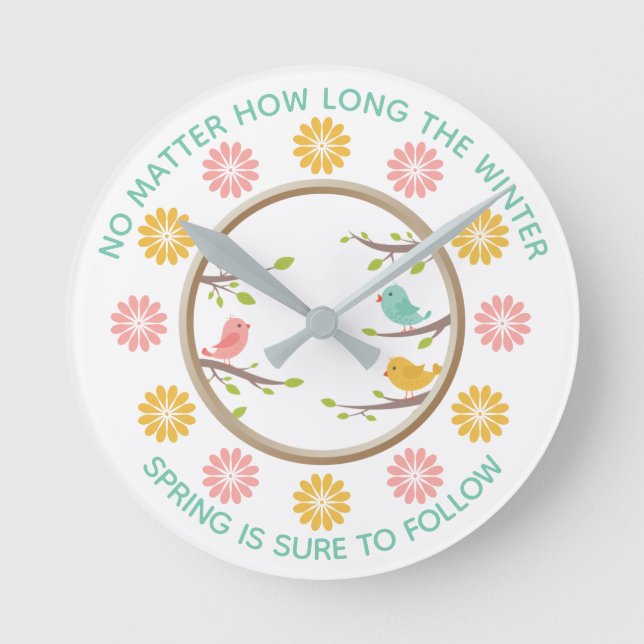 Niedliche und farbenfrohe Vögel & Blume Springtime Runde Wanduhr (Vorderseite)
