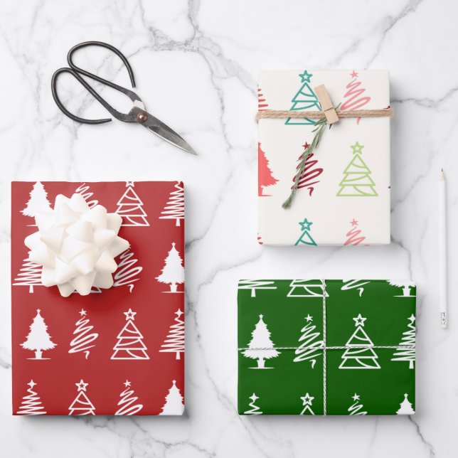 Niedliche und farbenfrohe Weihnachtsbäume Geschenkpapier Set (Vorderseite)