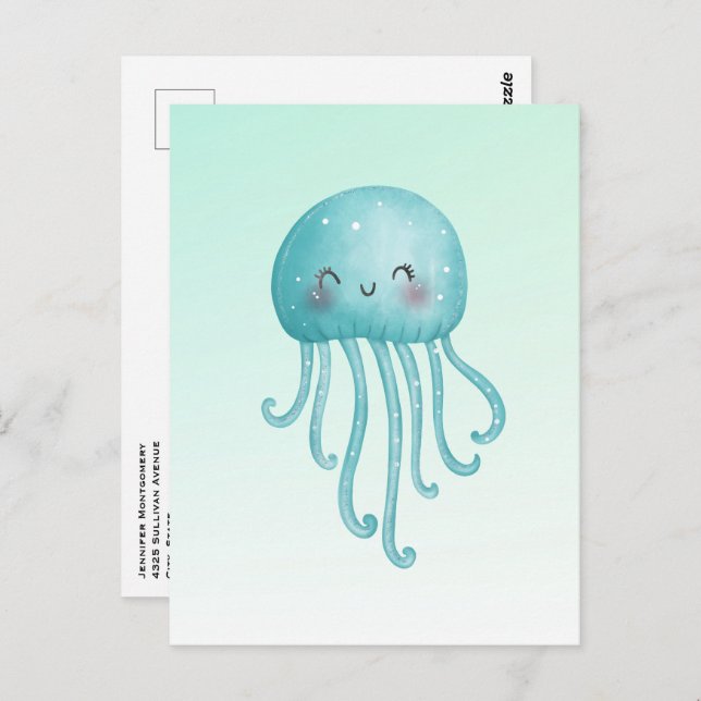 Niedliche und glückliche blaugrüne Qualle Postkarte (Vorne/Hinten)