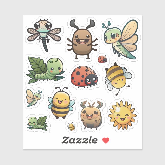 Niedliche und glückliche Bug Stickers, Kawaii Bugs Aufkleber (Blatt)