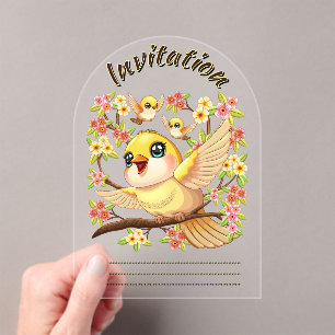 Niedliche und glückliche Vögel unter Frühlingsblum Acryleinladungen