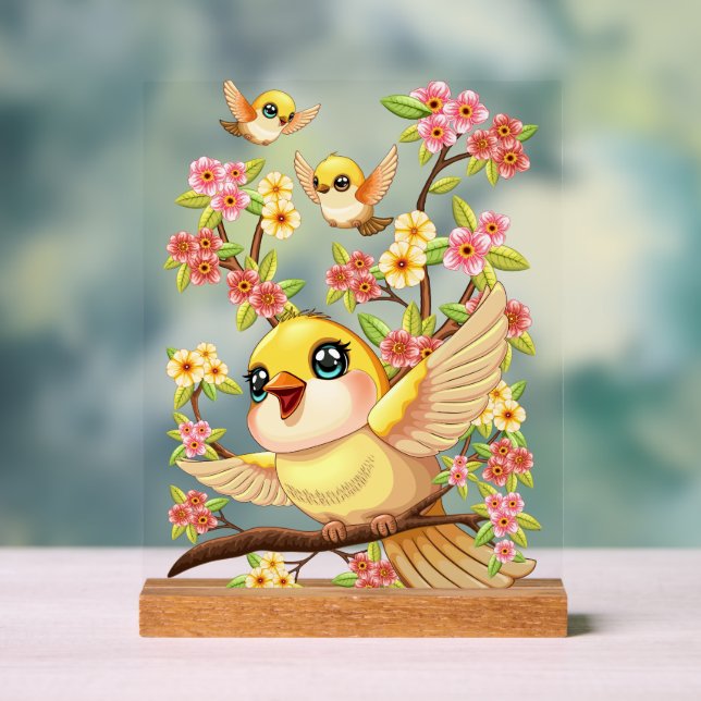 Niedliche und glückliche Vögel unter Frühlingsblum Acrylschild (Neutral)