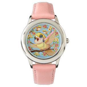 Niedliche und glückliche Vögel unter Frühlingsblum Armbanduhr