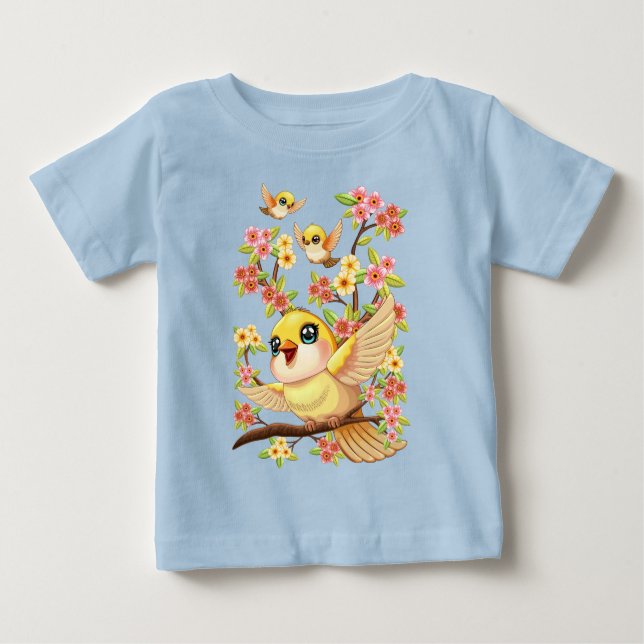 Niedliche und glückliche Vögel unter Frühlingsblum Baby T-shirt (Vorderseite)