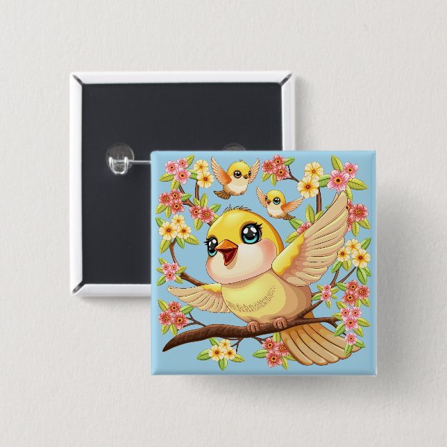 Niedliche und glückliche Vögel unter Frühlingsblum Button (Vorne & Hinten)