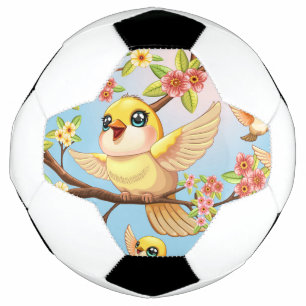 Niedliche und glückliche Vögel unter Frühlingsblum Fußball
