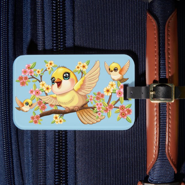 Niedliche und glückliche Vögel unter Frühlingsblum Gepäckanhänger (Vorderseite Insitu 4)