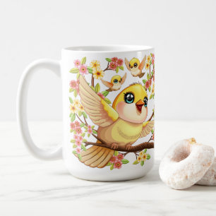 Niedliche und glückliche Vögel unter Frühlingsblum Kaffeetasse