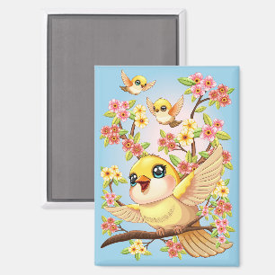 Niedliche und glückliche Vögel unter Frühlingsblum Magnet