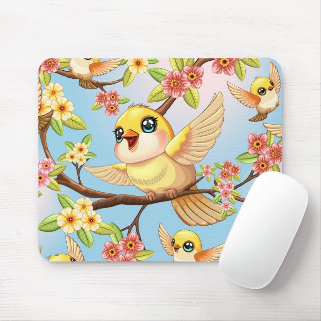 Niedliche und glückliche Vögel unter Frühlingsblum Mousepad (Mit Mouse)