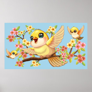 Niedliche und glückliche Vögel unter Frühlingsblum Poster