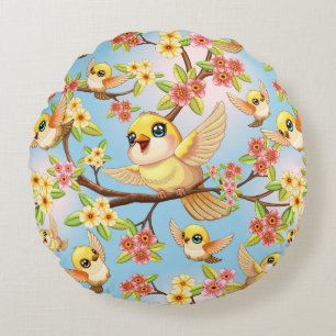 Niedliche und glückliche Vögel unter Frühlingsblum Rundes Kissen