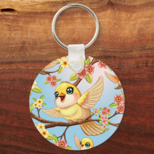 Niedliche und glückliche Vögel unter Frühlingsblum Schlüsselanhänger