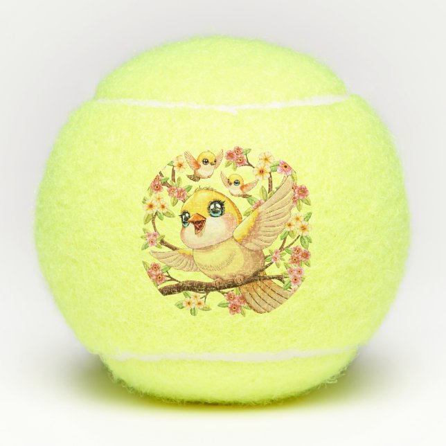 Niedliche und glückliche Vögel unter Frühlingsblum Tennisbälle (Vorderseite)