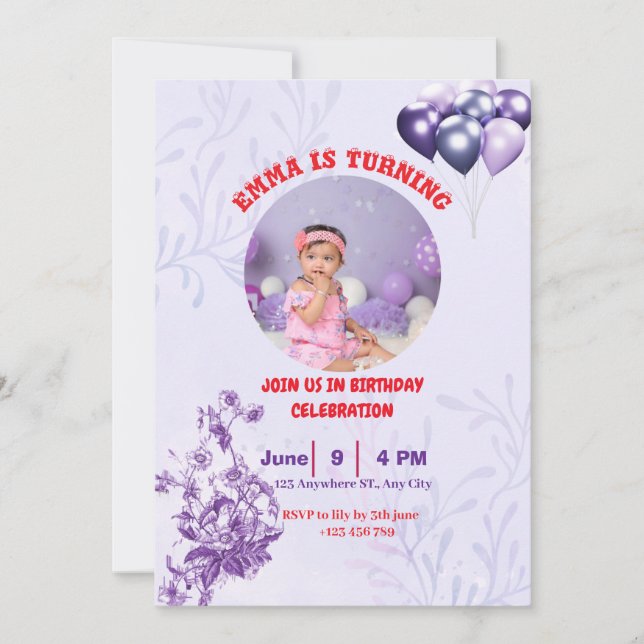 niedliche und Lila Wasserfarbe Einladung zum Gebur (Vorderseite)