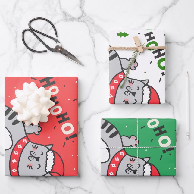 Niedliche und lustige Katze Weihnachten freudige G Geschenkpapier Set (Vorderseite)