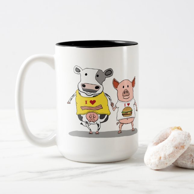 Niedliche und lustige Kuh-und Schwein-Freunde Zweifarbige Tasse (Mit Donut)