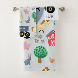 Niedliche und moderne blaue Farm Traktor Muster Ki Badhandtuch Set