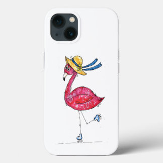Niedliche und Whimsical Pink Flamingo auf Roller-S iPhone 13 Hülle