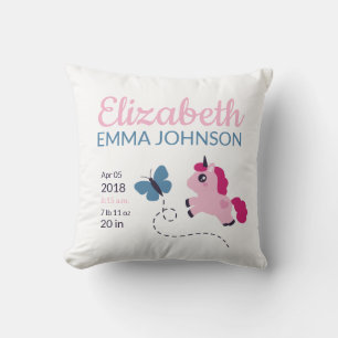 Niedliche Unicorn Baby Birth Stats Kissen