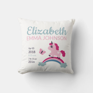 Niedliche Unicorn Baby Birth Stats Kissen