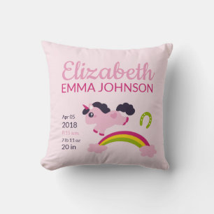 Niedliche Unicorn Baby Birth Stats Kissen