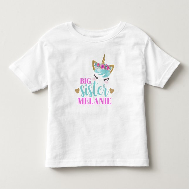 Niedliche Unicorn Big Sister Personalisiert Baby K Kleinkind T-shirt (Vorderseite)