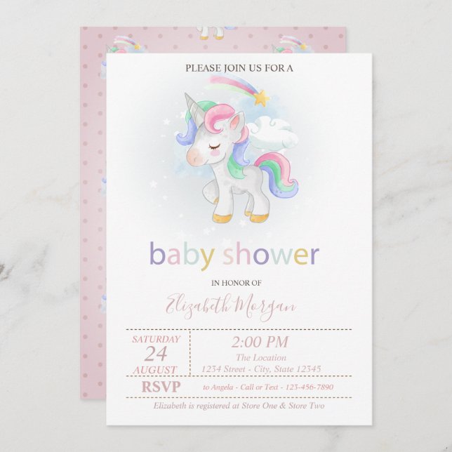 Niedliche Unicorn Star Rainbow Baby Dusche Einladung (Vorne/Hinten)