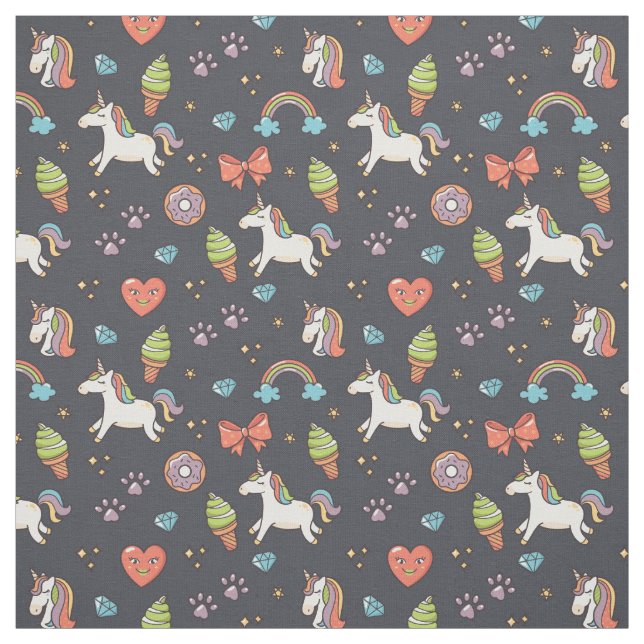 Niedliche Unicorns und Rainbows Midnight Blue Patt Stoff (Muster)