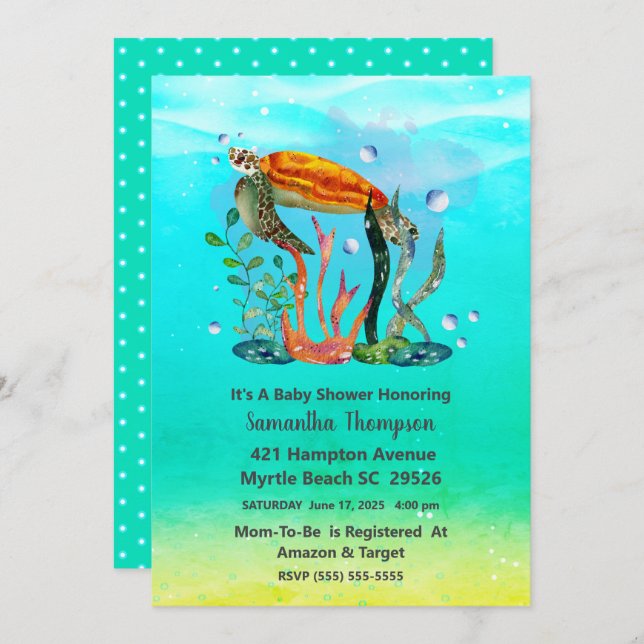 Niedliche Unterwasser-Schildkrötendusche Einladung (Vorne/Hinten)