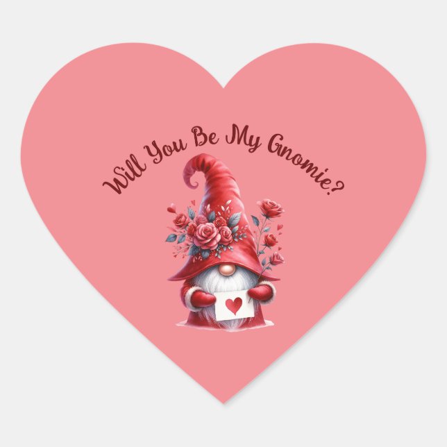 Niedliche Valentines Gnome mit Herz und Rose Herz-Aufkleber (Vorderseite)
