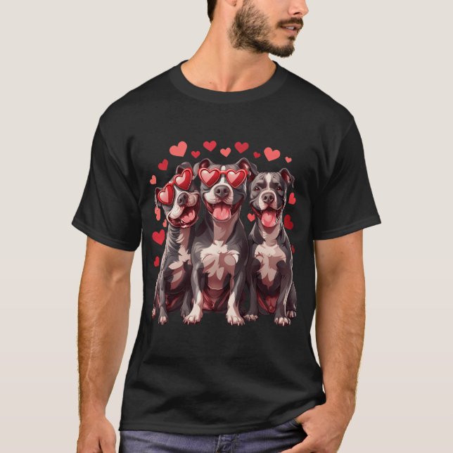 Niedliche Valentines Pit Bull Hunde Herzsonnenbril T-Shirt (Vorderseite)