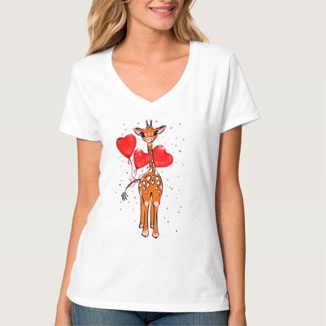 Niedliche Valentinstag-Giraffe Herzblasen T-Shirt (Vorderseite)