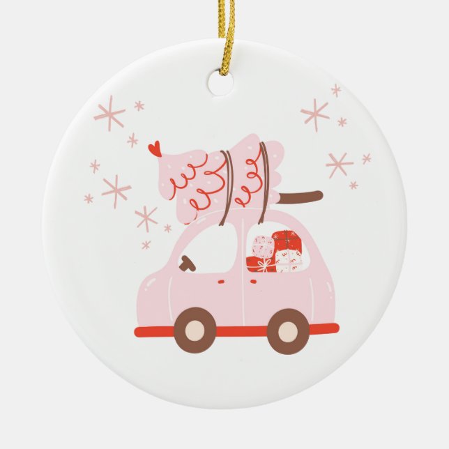 Niedliche Verzierung mit Auto, Weihnachtsbaum und  Keramik Ornament (Vorne)
