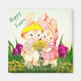 Niedliche Vintag Ostern Bunny Rabbit und Tulip Blu Magnet