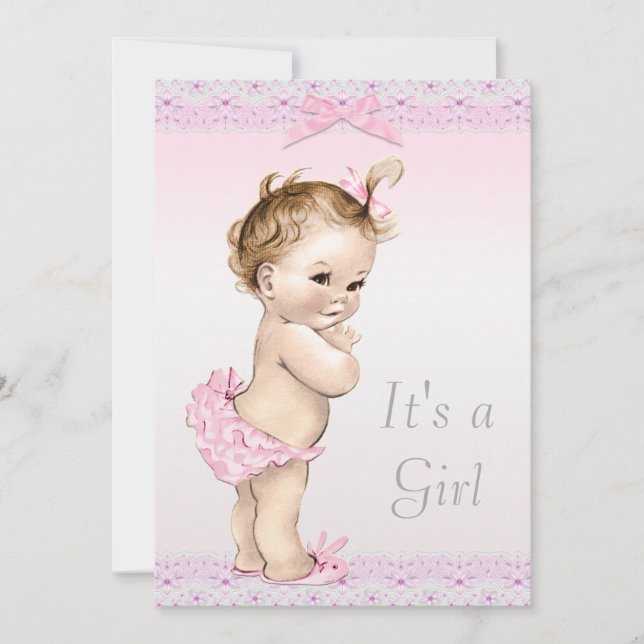 Niedliche Vintage Baby Girl Dusche Imitate Spitzen Einladung (Vorderseite)
