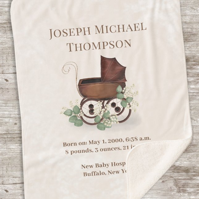 Niedliche Vintage Babystadien Eucalyptus Baby Carr Sherpadecke (Custom gender neutral baby blanket with carriage and greenery.)