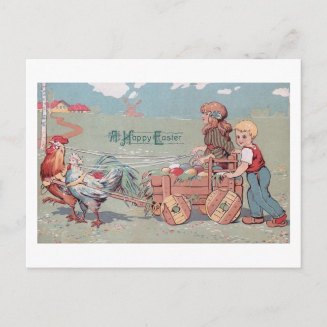Niedliche Vintage Bauernkinder/Ostereier Feiertagspostkarte (Vorderseite)