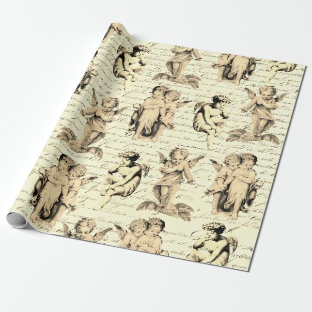 Niedliche Vintage Beige Cupid Angeles Französische Geschenkpapier (Ungerollt)