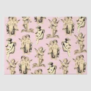 Niedliche Vintage Beige Kupiden Engel auf Pink Seidenpapier