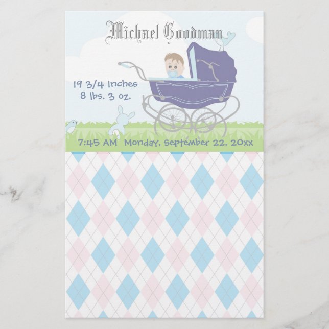 Niedliche Vintage Blue Baby Boy Carriage Briefpapier (Vorderseite)
