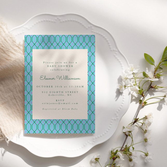 Niedliche Vintage Blue Green Geometric Babydusche Einladung (Von Creator hochgeladen)