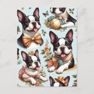 Niedliche Vintage Boston Terrier Illustration Postkarte