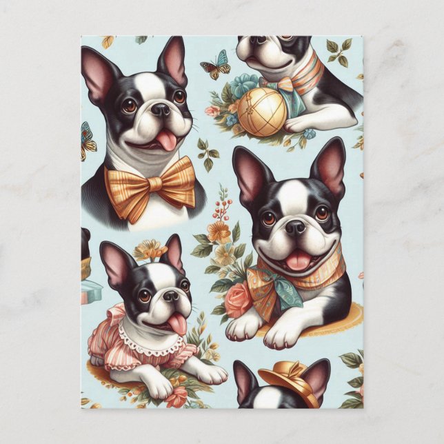Niedliche Vintage Boston Terrier Illustration Postkarte (Vorderseite)