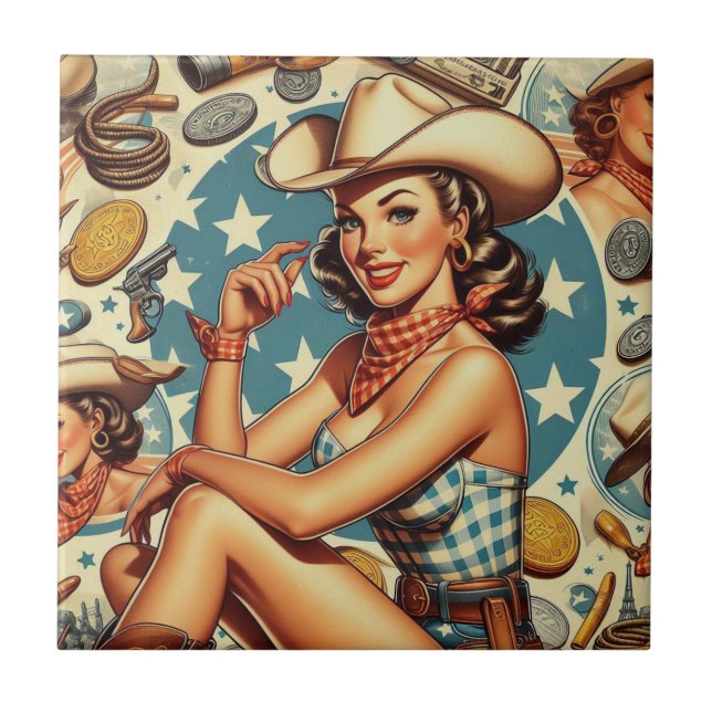 Niedliche Vintage Cowgirl Fliese (Vorderseite)