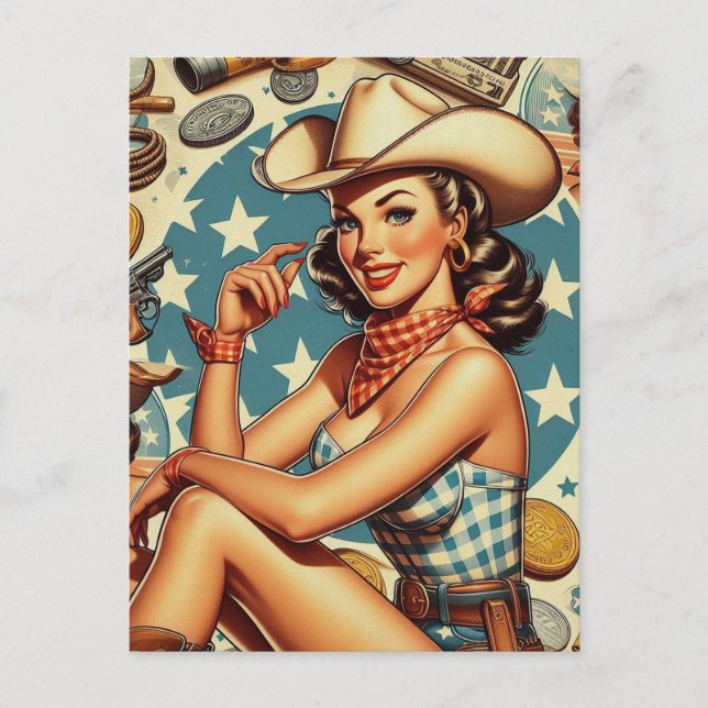 Niedliche Vintage Cowgirl Postkarte (Vorderseite)